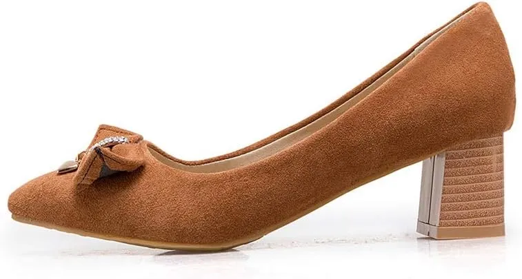 MIOKE Women's Pointed Toe Chunky Block Mid Heel Pump Suede Tassel Slip-On Loafer Casual Office Dress Shoes