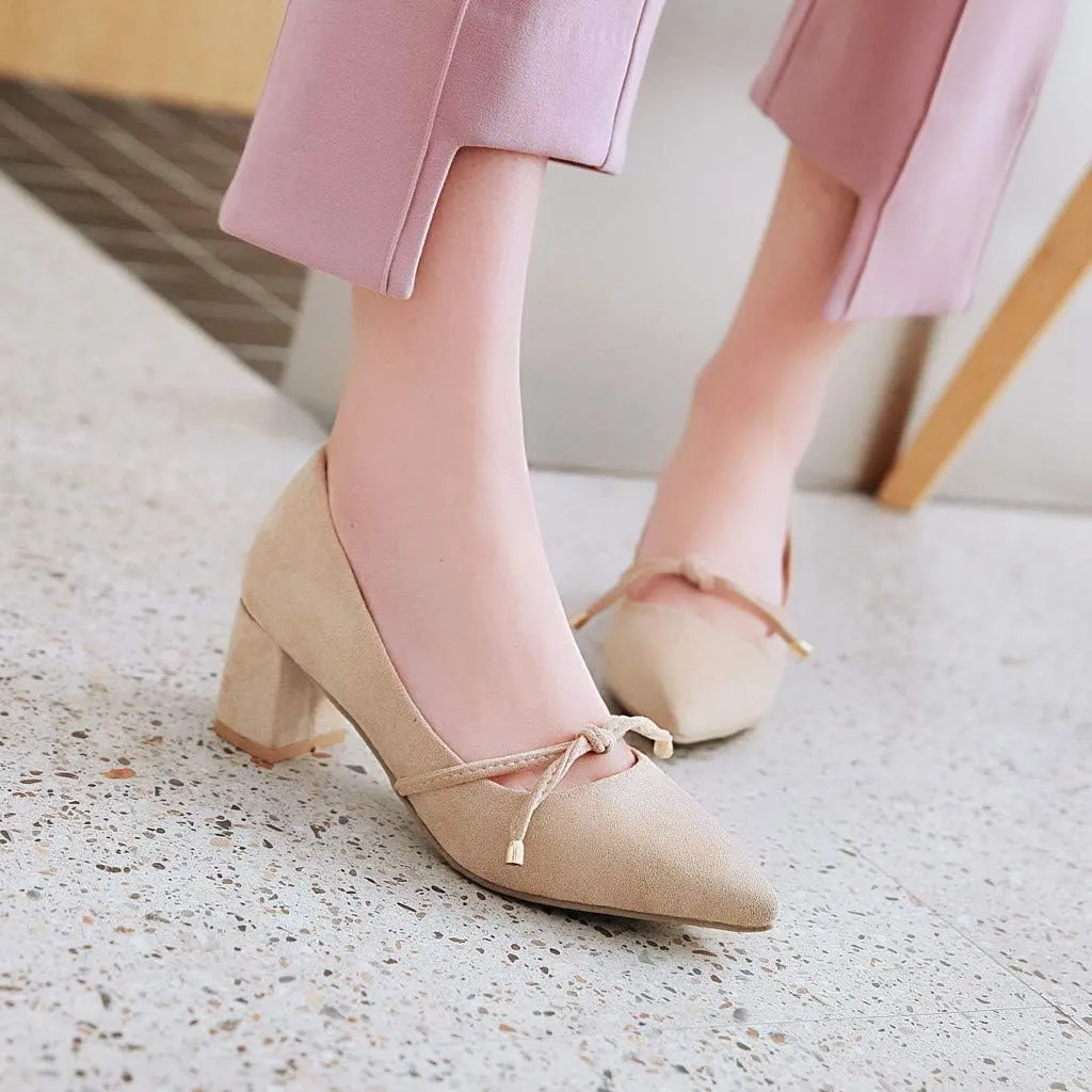 MIOKE Women's Pointed Toe Chunky Mid Block Heel Pump Suede Tassel Slip-On Loafer Casual Office Dress Shoes