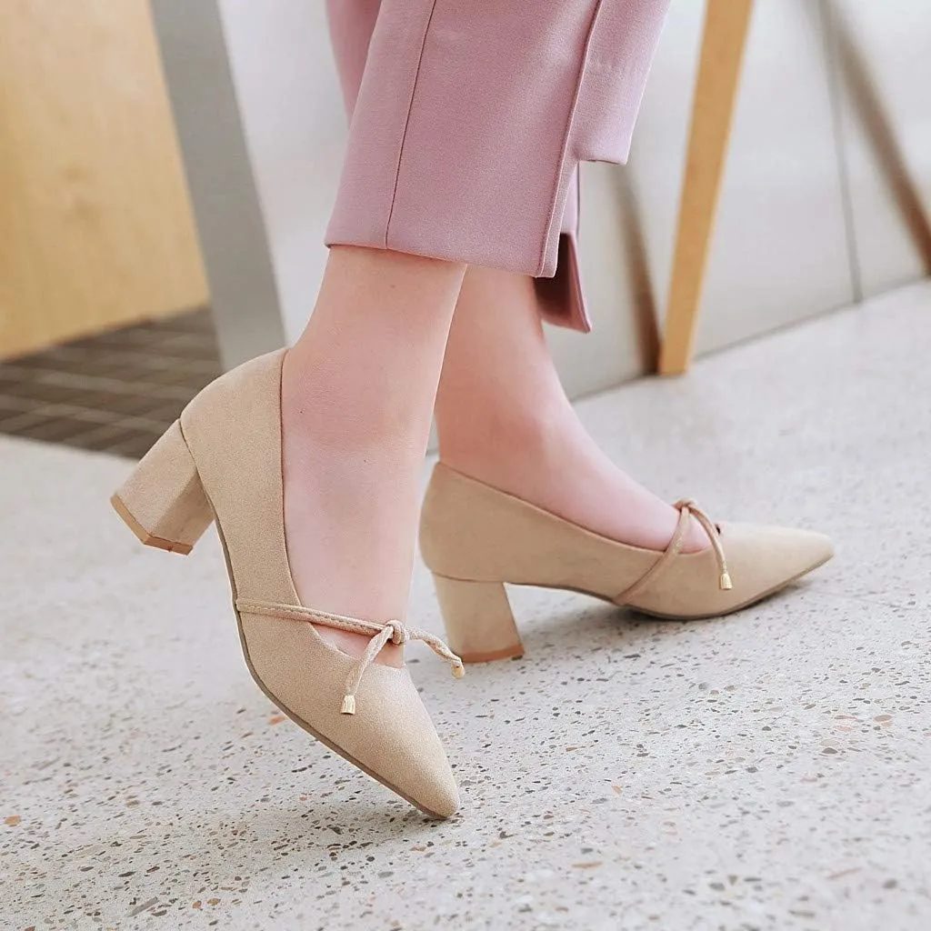 MIOKE Women's Pointed Toe Chunky Mid Block Heel Pump Suede Tassel Slip-On Loafer Casual Office Dress Shoes