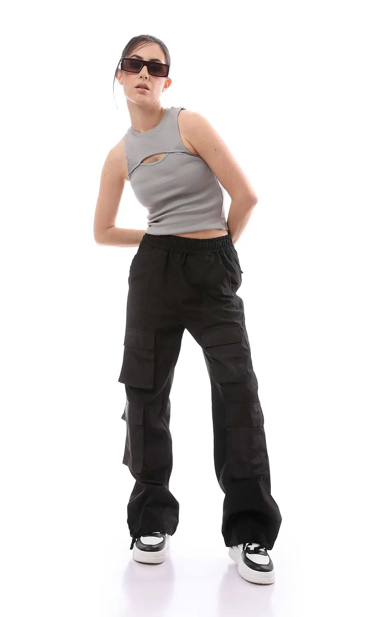 O166351 Grey Solid Cotton Tank Top With Cut Out