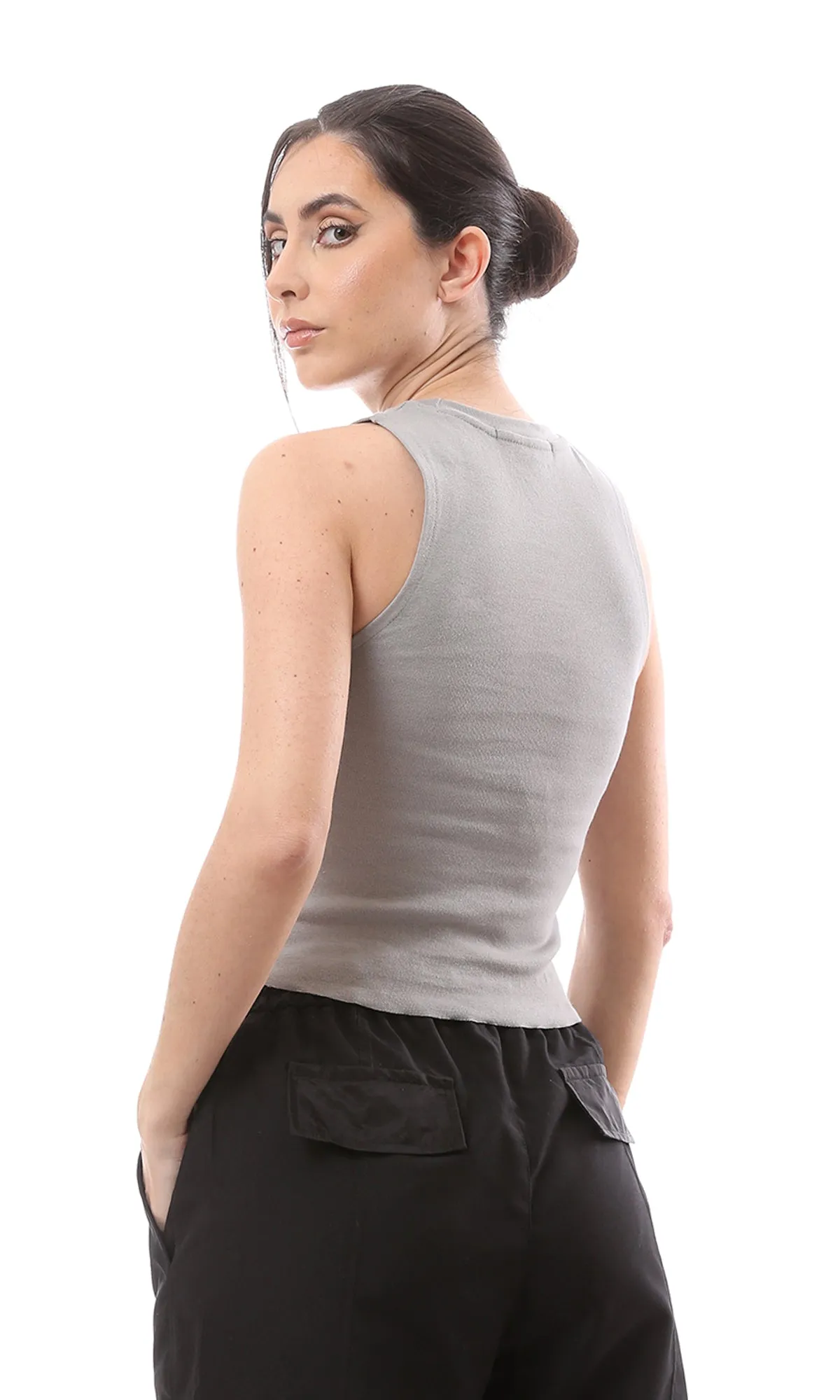 O166351 Grey Solid Cotton Tank Top With Cut Out