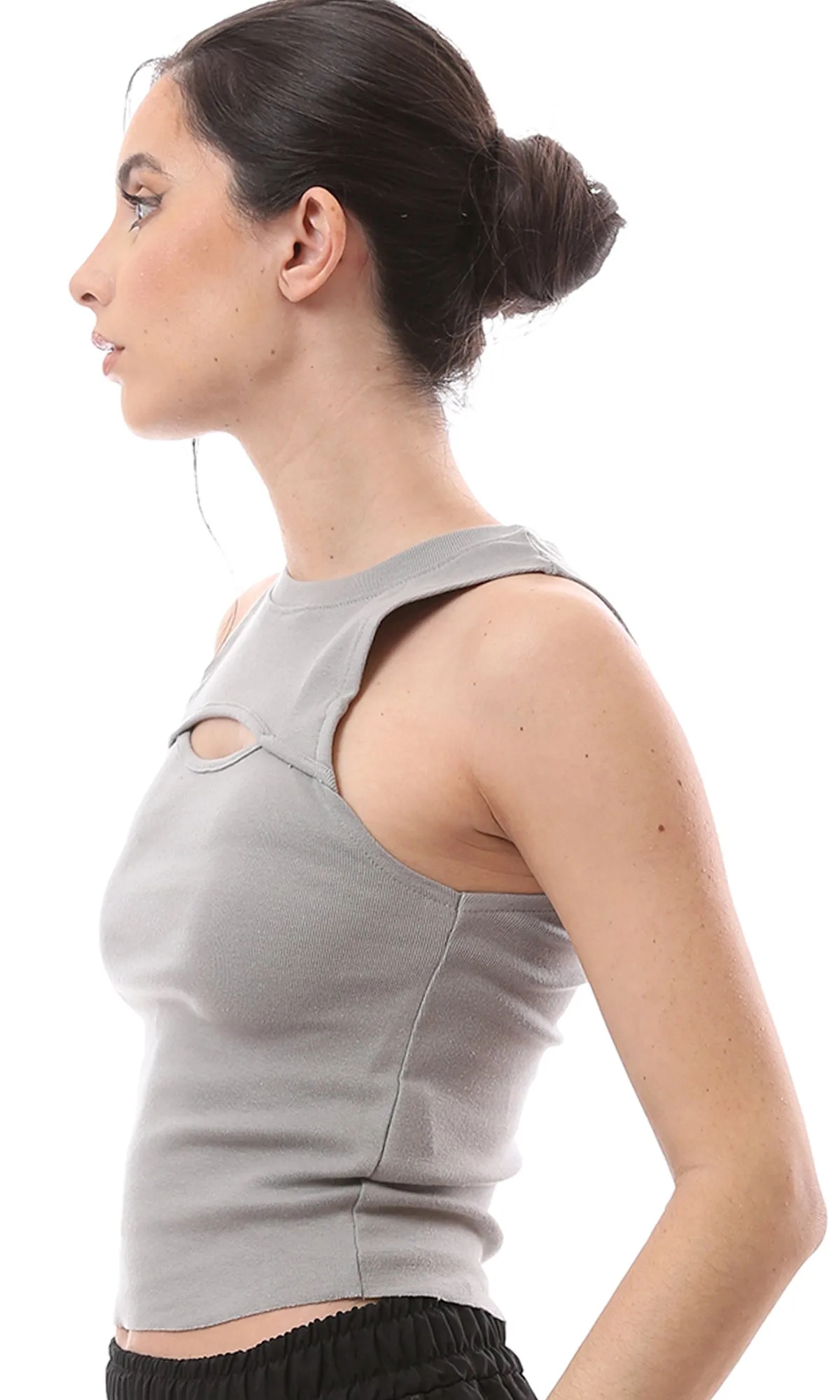 O166351 Grey Solid Cotton Tank Top With Cut Out