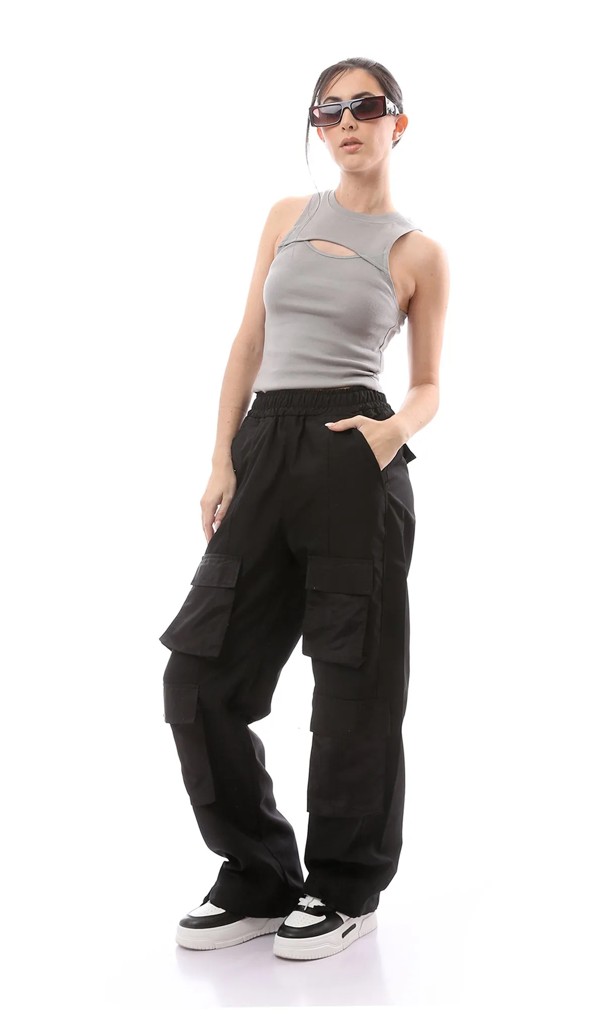 O166351 Grey Solid Cotton Tank Top With Cut Out