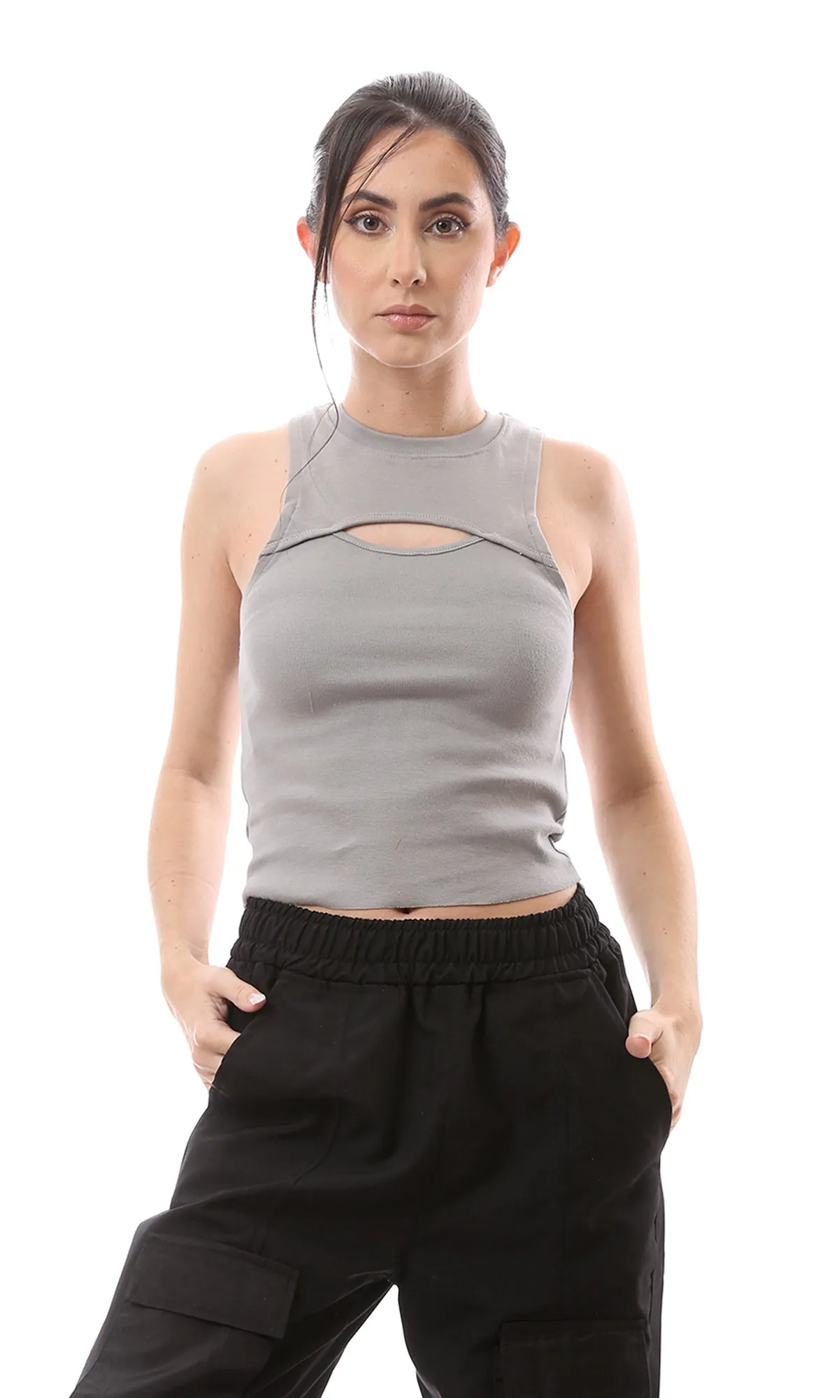 O166351 Grey Solid Cotton Tank Top With Cut Out