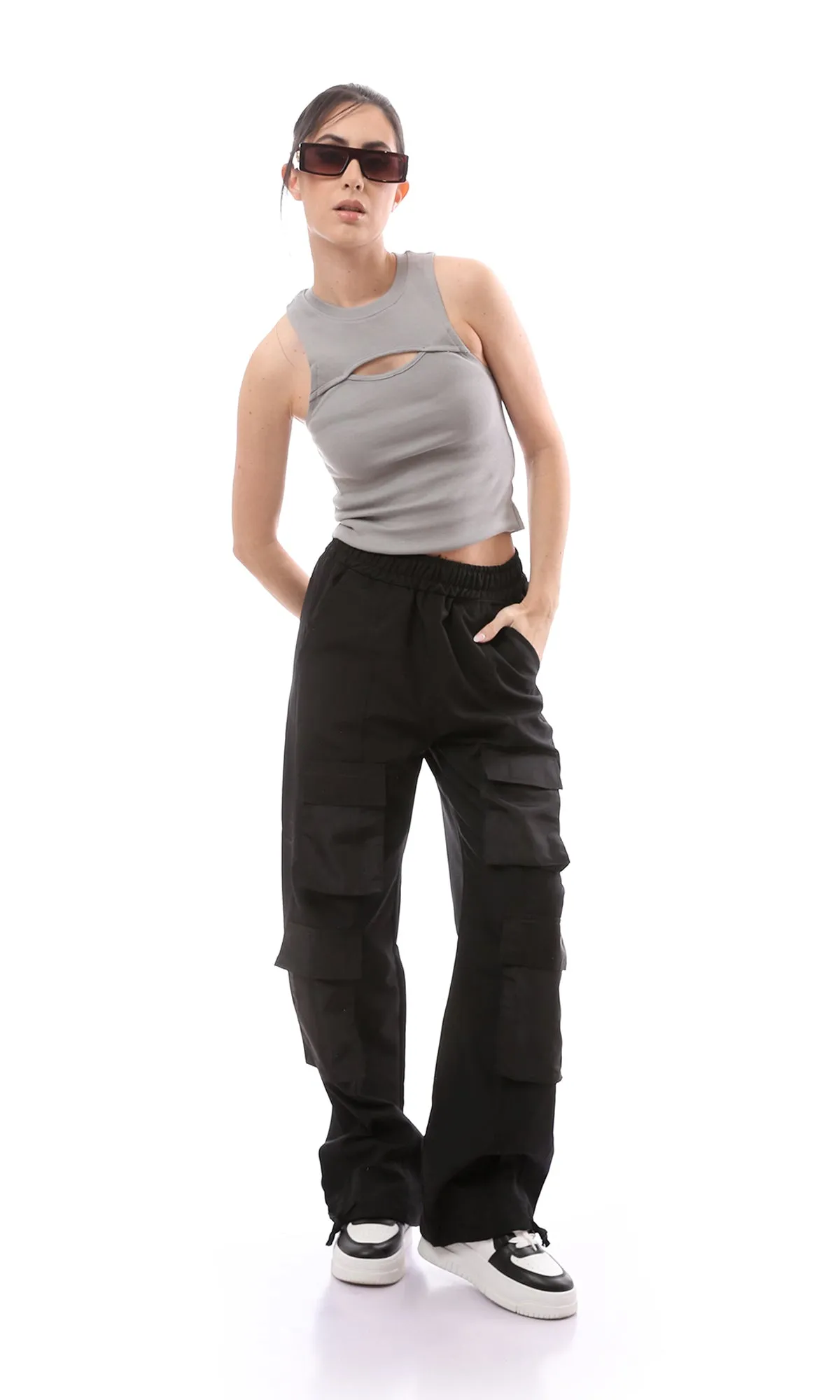 O166351 Grey Solid Cotton Tank Top With Cut Out