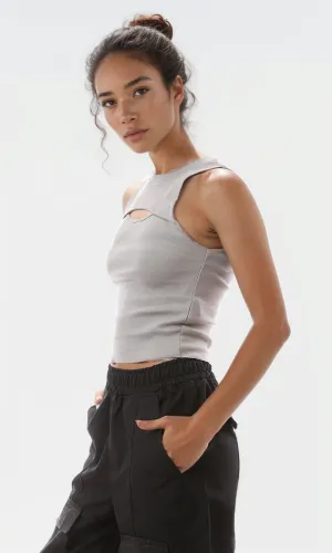O166351 Grey Solid Cotton Tank Top With Cut Out