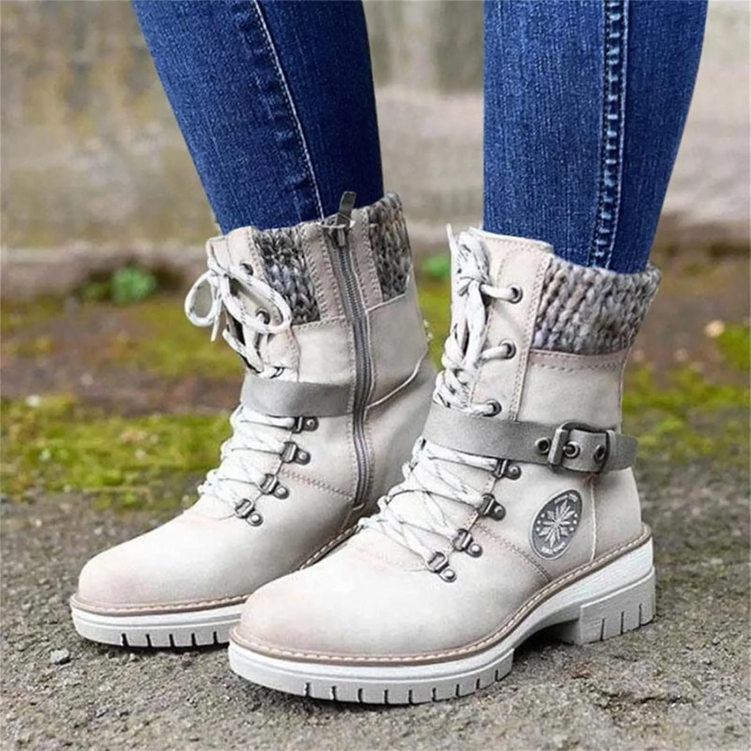 oiangi Winter Boots for Women - Fashion Belt Buckle Cross Lace Up Round Toe Side Zipper Wool Stitching Low Heel Mid Calf Boots Comfy Warm Platform Shoes