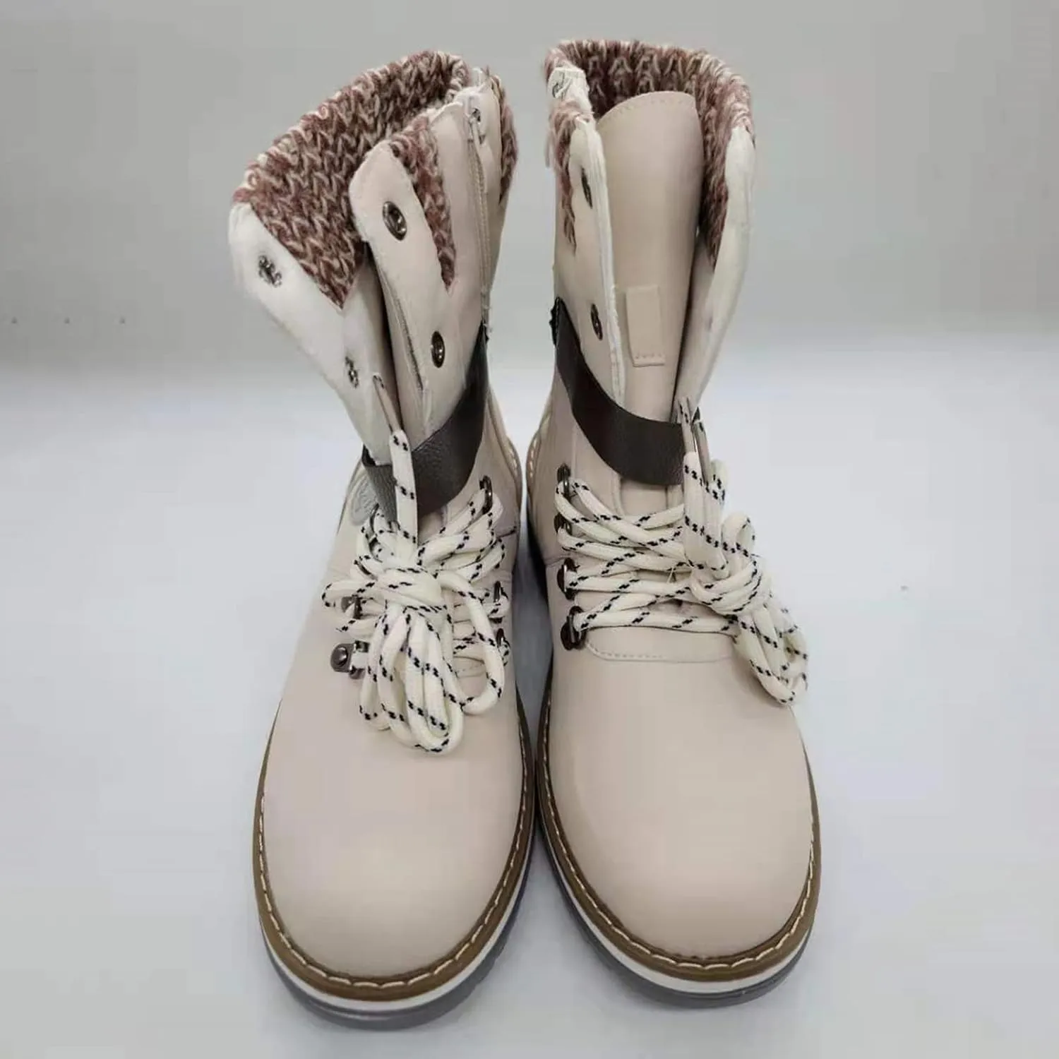 oiangi Winter Boots for Women - Fashion Belt Buckle Cross Lace Up Round Toe Side Zipper Wool Stitching Low Heel Mid Calf Boots Comfy Warm Platform Shoes