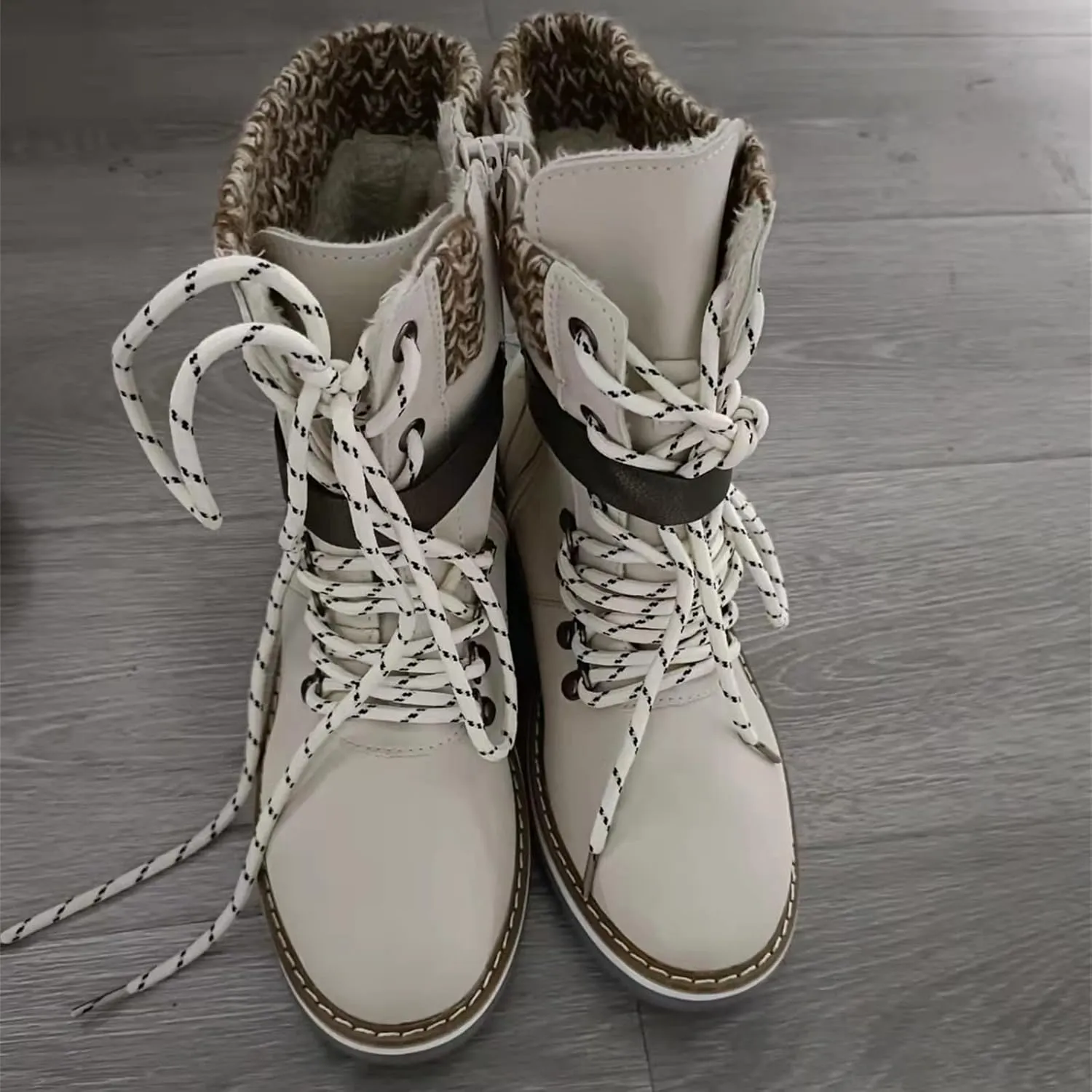 oiangi Winter Boots for Women - Fashion Belt Buckle Cross Lace Up Round Toe Side Zipper Wool Stitching Low Heel Mid Calf Boots Comfy Warm Platform Shoes