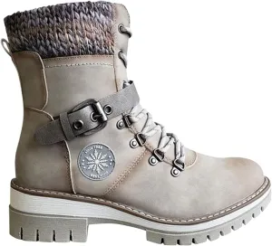 oiangi Winter Boots for Women - Fashion Belt Buckle Cross Lace Up Round Toe Side Zipper Wool Stitching Low Heel Mid Calf Boots Comfy Warm Platform Shoes