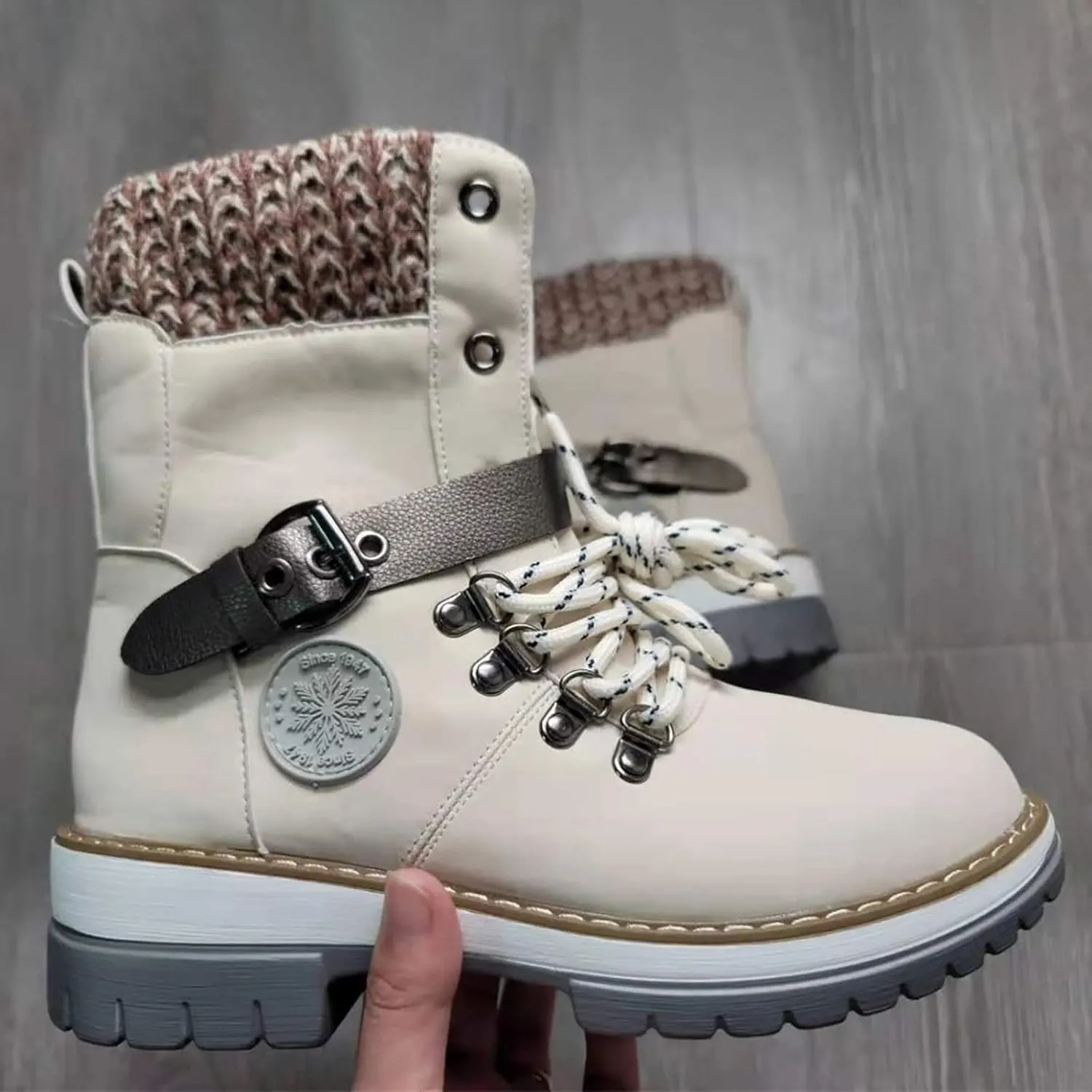oiangi Winter Boots for Women - Fashion Belt Buckle Cross Lace Up Round Toe Side Zipper Wool Stitching Low Heel Mid Calf Boots Comfy Warm Platform Shoes