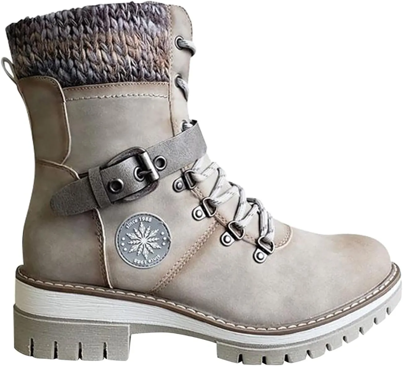 oiangi Winter Boots for Women - Fashion Belt Buckle Cross Lace Up Round Toe Side Zipper Wool Stitching Low Heel Mid Calf Boots Comfy Warm Platform Shoes