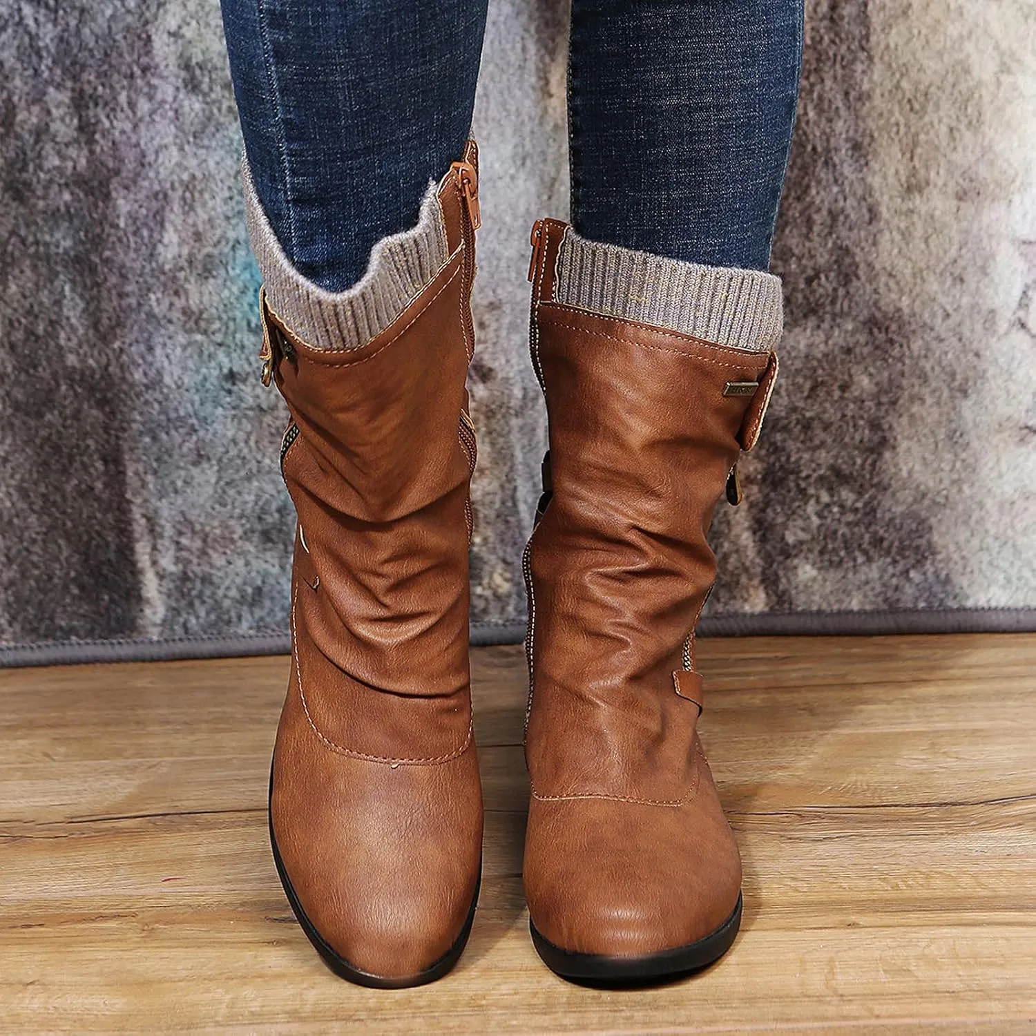 oiangi Womens Boots Fashion Mid Calf Side Zipper Back Lace Up Round Toe Square Heel High Boots Vintage Winter Elastic Comfortable Casual Low Heel Shoes