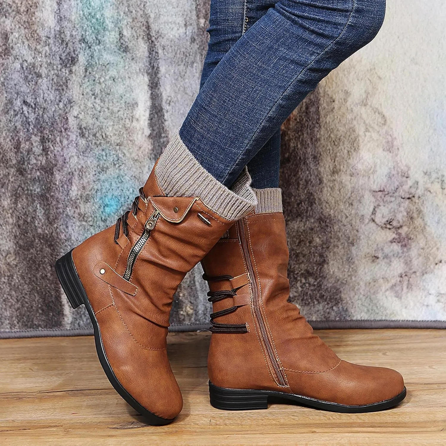 oiangi Womens Boots Fashion Mid Calf Side Zipper Back Lace Up Round Toe Square Heel High Boots Vintage Winter Elastic Comfortable Casual Low Heel Shoes