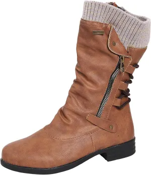 oiangi Womens Boots Fashion Mid Calf Side Zipper Back Lace Up Round Toe Square Heel High Boots Vintage Winter Elastic Comfortable Casual Low Heel Shoes