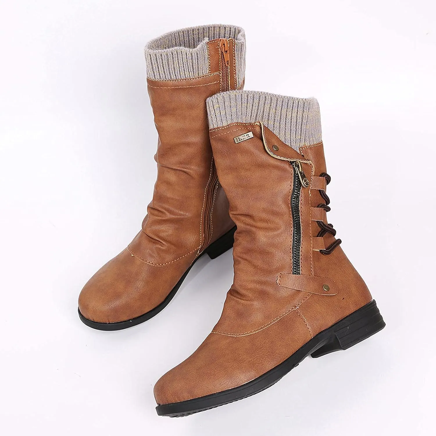 oiangi Womens Boots Fashion Mid Calf Side Zipper Back Lace Up Round Toe Square Heel High Boots Vintage Winter Elastic Comfortable Casual Low Heel Shoes