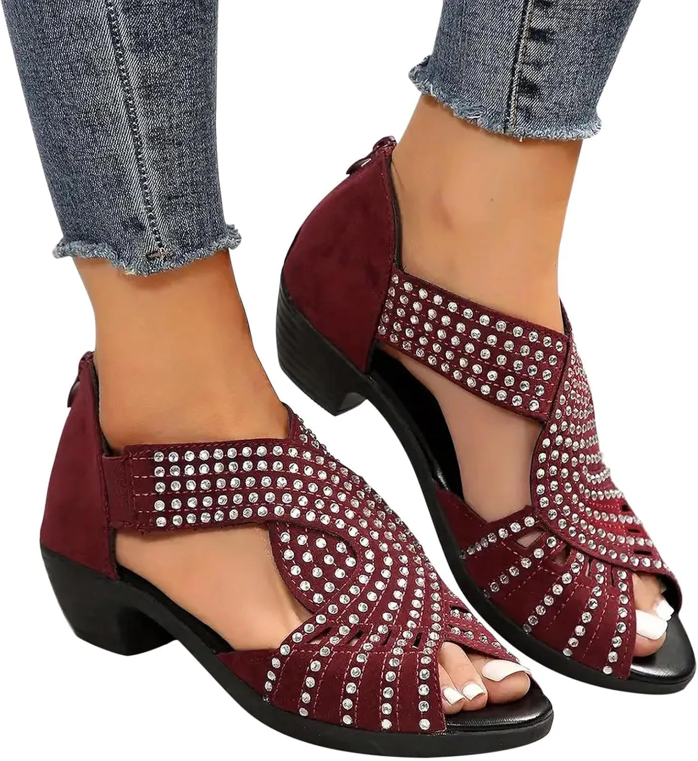 Orthopedic Low Heel Sandals for Women Sparkly Rhinestone Open Toe Sandal Dressy Cut Out Sandals Comfortable Fish Mouth Shoes Business Office Shoes with Arch Support