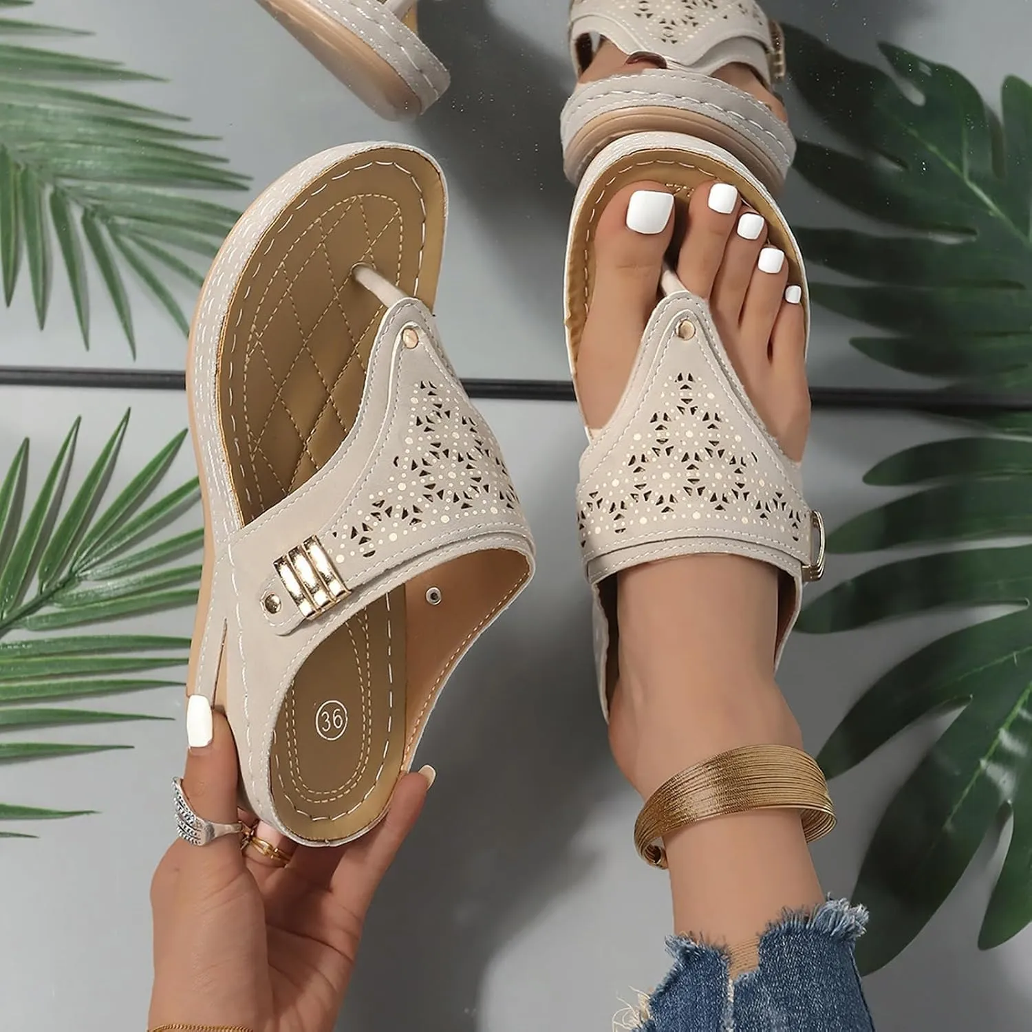 Orthopedic Wedge Sandals for Women 2025 Dressy Summer,Comfortable Casual Flats Flip Flops Ladies Outdoor Slides Slippers Arch Support Slip-on Beach Boho Platform Walking Shoes