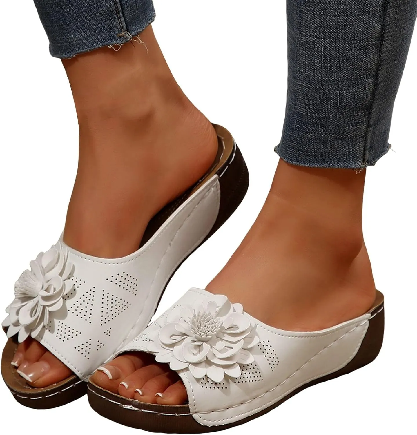 Orthopedic Wedges Sandals for Women With Arch Support, Fish Mouth Open Toe Leather Chic Flowers Slippers Wedge Platform Sandals Summer Beach Boho Slip on Sandals