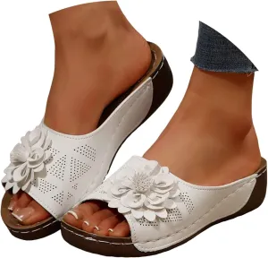 Orthopedic Wedges Sandals for Women With Arch Support, Fish Mouth Open Toe Leather Chic Flowers Slippers Wedge Platform Sandals Summer Beach Boho Slip on Sandals