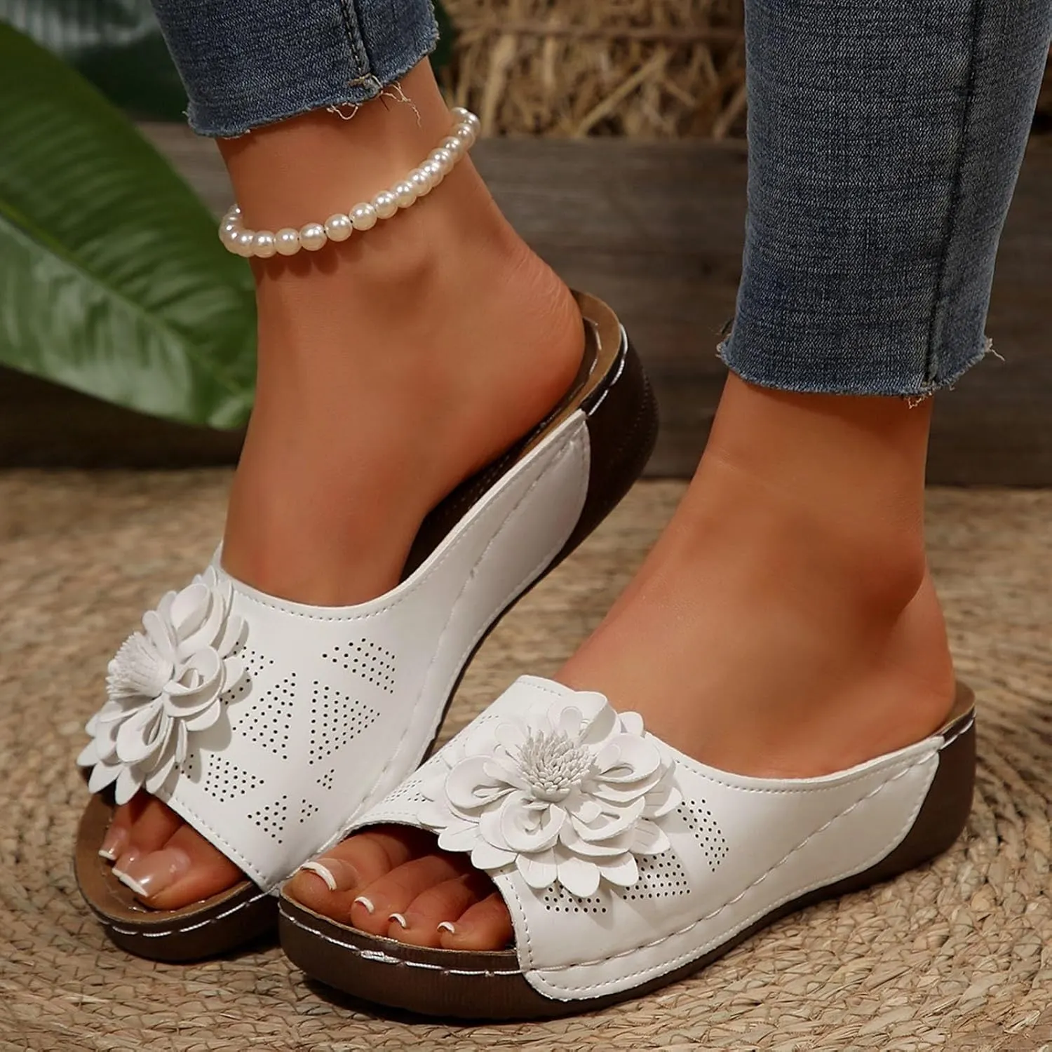 Orthopedic Wedges Sandals for Women With Arch Support, Fish Mouth Open Toe Leather Chic Flowers Slippers Wedge Platform Sandals Summer Beach Boho Slip on Sandals