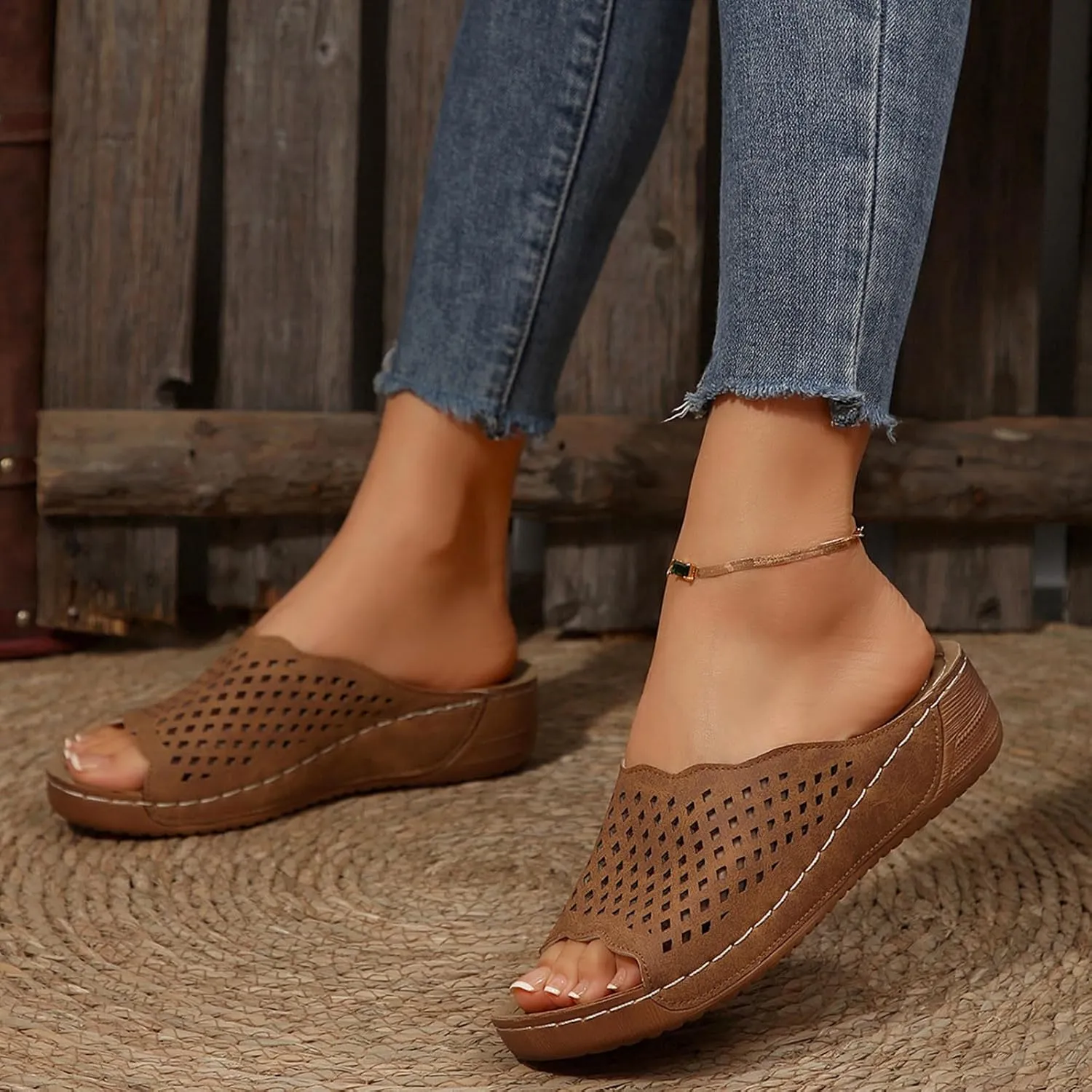 Platform Sandals Women Fashion Wedge Sandal Summer Dressy Open Toes Black Shoes with Arch Support Slip On Walking Shoe