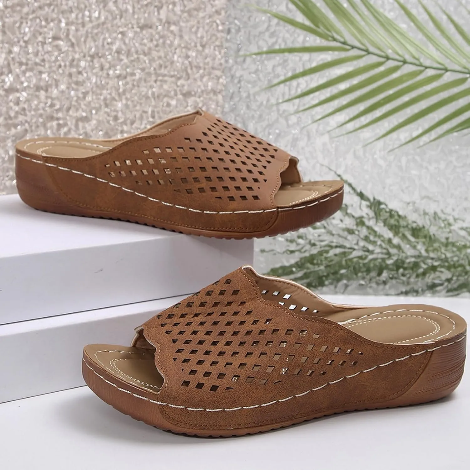 Platform Sandals Women Fashion Wedge Sandal Summer Dressy Open Toes Black Shoes with Arch Support Slip On Walking Shoe