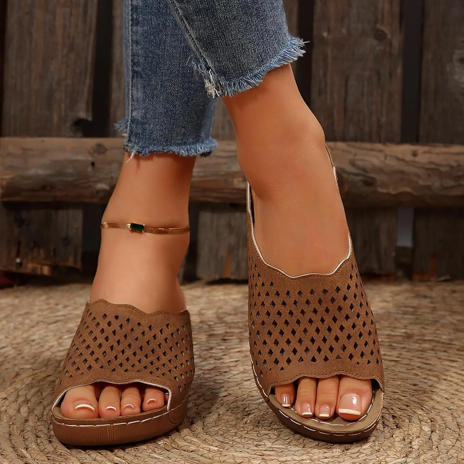 Platform Sandals Women Fashion Wedge Sandal Summer Dressy Open Toes Black Shoes with Arch Support Slip On Walking Shoe