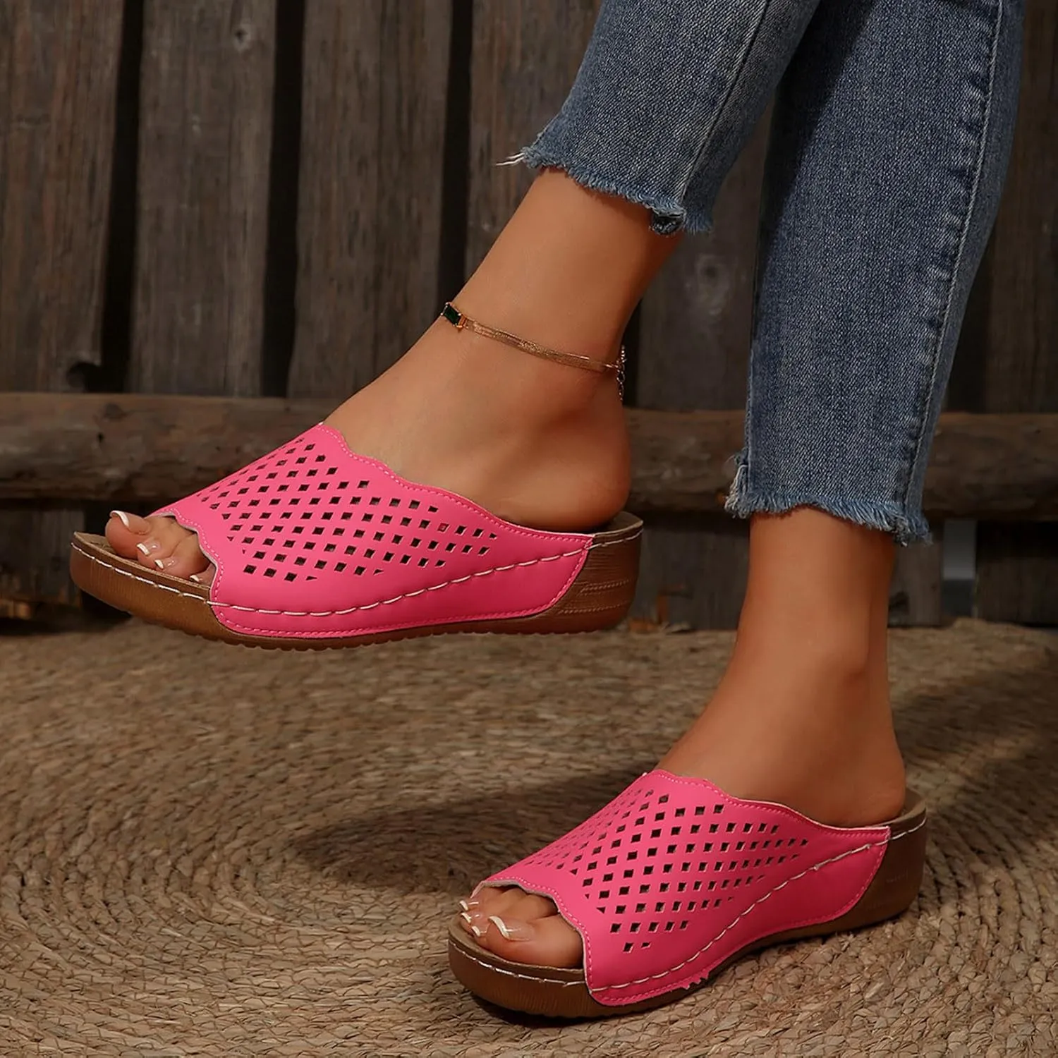 Platform Sandals Women Fashion Wedge Sandal Summer Dressy Open Toes Black Shoes with Arch Support Slip On Walking Shoe