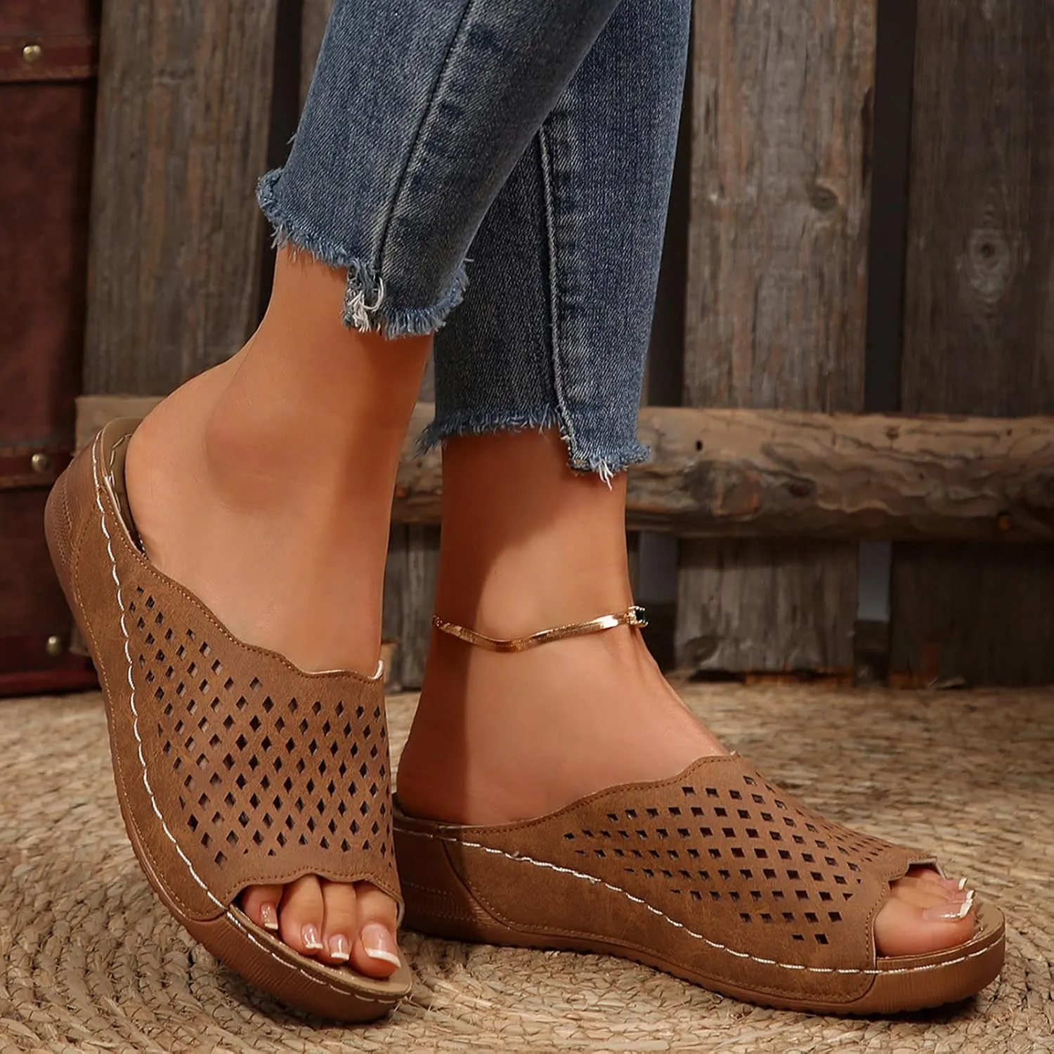 Platform Sandals Women Fashion Wedge Sandal Summer Dressy Open Toes Black Shoes with Arch Support Slip On Walking Shoe
