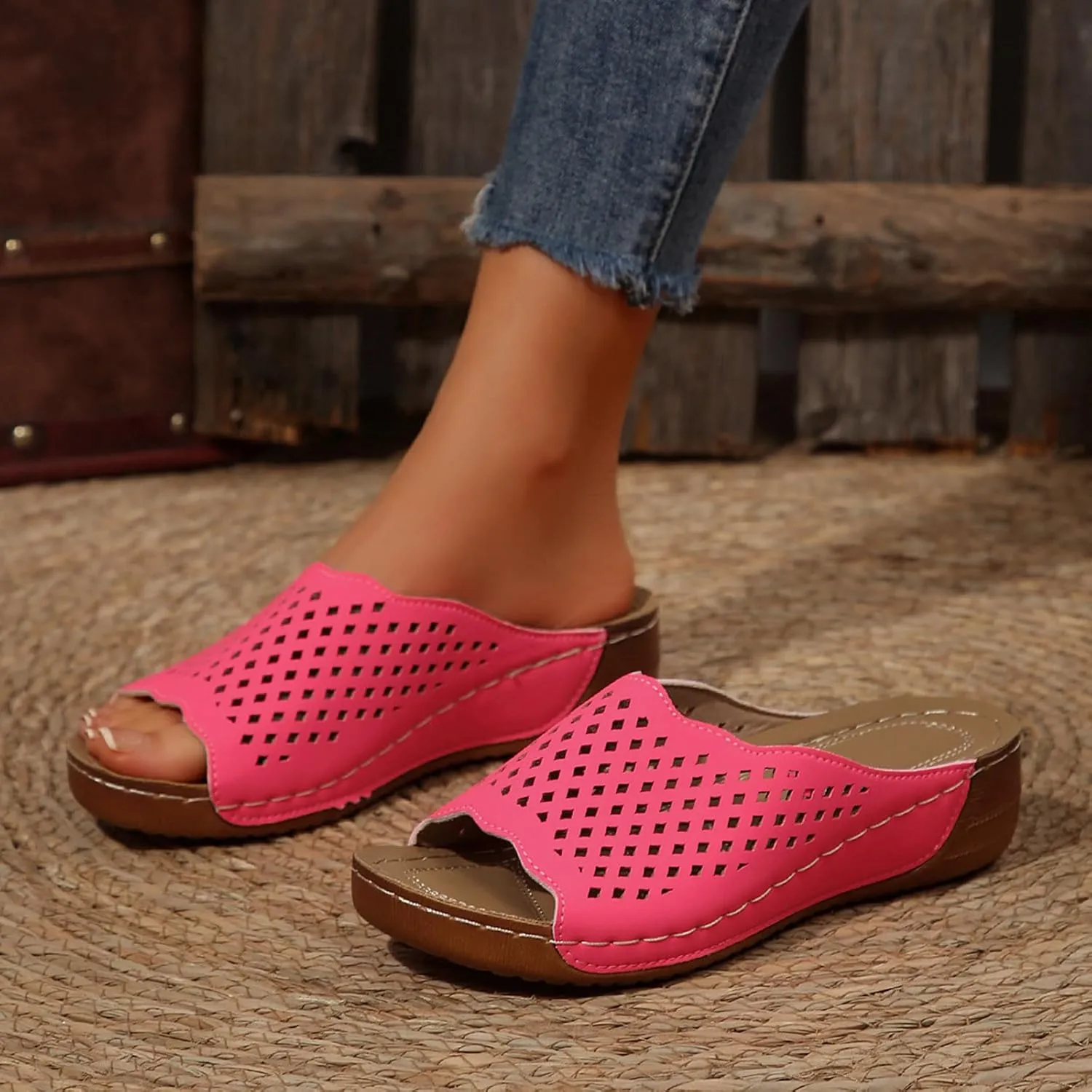 Platform Sandals Women Fashion Wedge Sandal Summer Dressy Open Toes Black Shoes with Arch Support Slip On Walking Shoe
