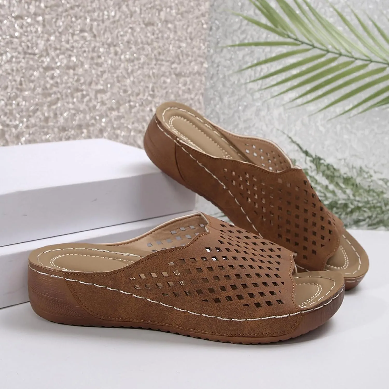 Platform Sandals Women Fashion Wedge Sandal Summer Dressy Open Toes Black Shoes with Arch Support Slip On Walking Shoe