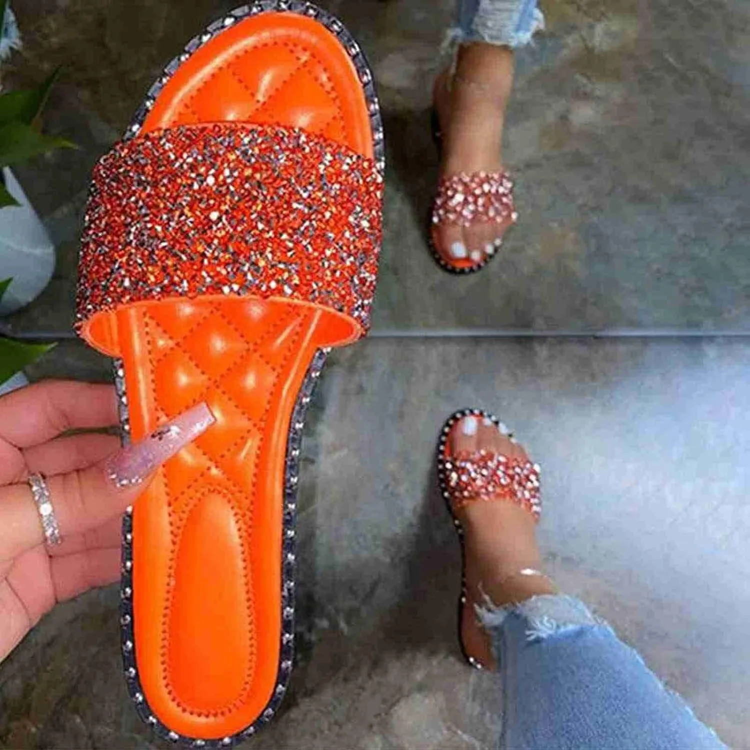 SACFOF Women Flat Sandals Summer Sequins Glitter Dressy Beach Slip on Sandals Casual Open Toe Outdoor Flat Slippers Sandals