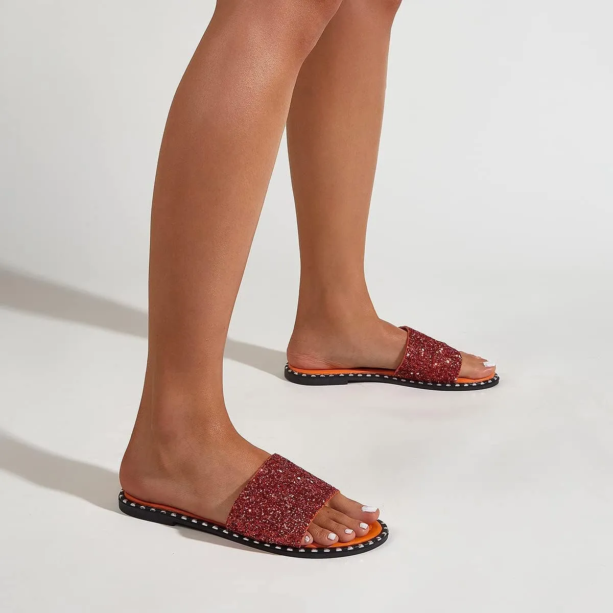 SACFOF Women Flat Sandals Summer Sequins Glitter Dressy Beach Slip on Sandals Casual Open Toe Outdoor Flat Slippers Sandals