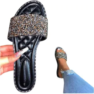 SACFOF Women Flat Sandals Summer Sequins Glitter Dressy Beach Slip on Sandals Casual Open Toe Outdoor Flat Slippers Sandals