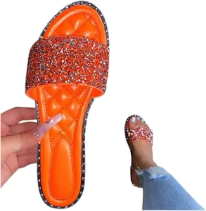 SACFOF Women Flat Sandals Summer Sequins Glitter Dressy Beach Slip on Sandals Casual Open Toe Outdoor Flat Slippers Sandals