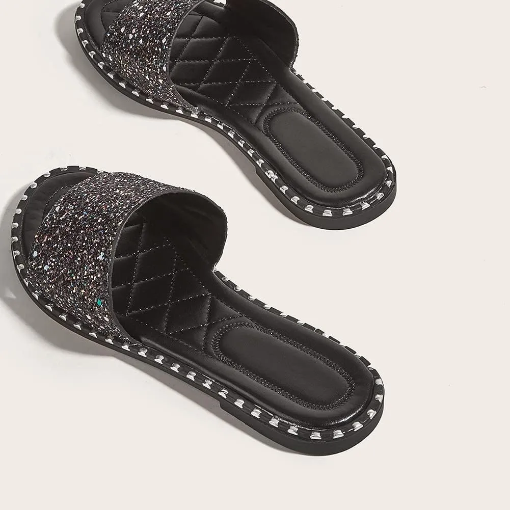 SACFOF Women Flat Sandals Summer Sequins Glitter Dressy Beach Slip on Sandals Casual Open Toe Outdoor Flat Slippers Sandals