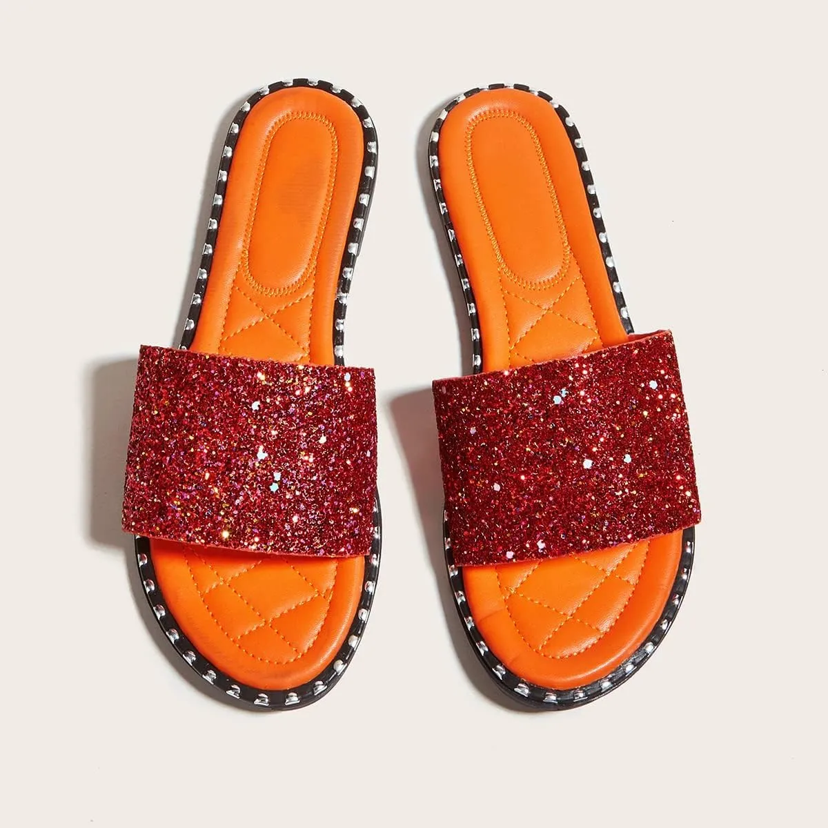 SACFOF Women Flat Sandals Summer Sequins Glitter Dressy Beach Slip on Sandals Casual Open Toe Outdoor Flat Slippers Sandals
