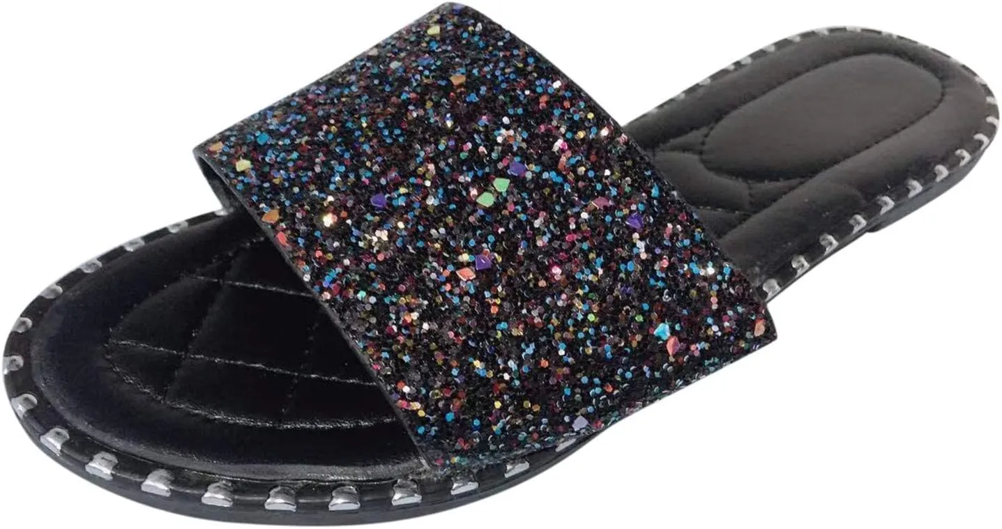 SACFOF Women Flat Sandals Summer Sequins Glitter Dressy Beach Slip on Sandals Casual Open Toe Outdoor Flat Slippers Sandals