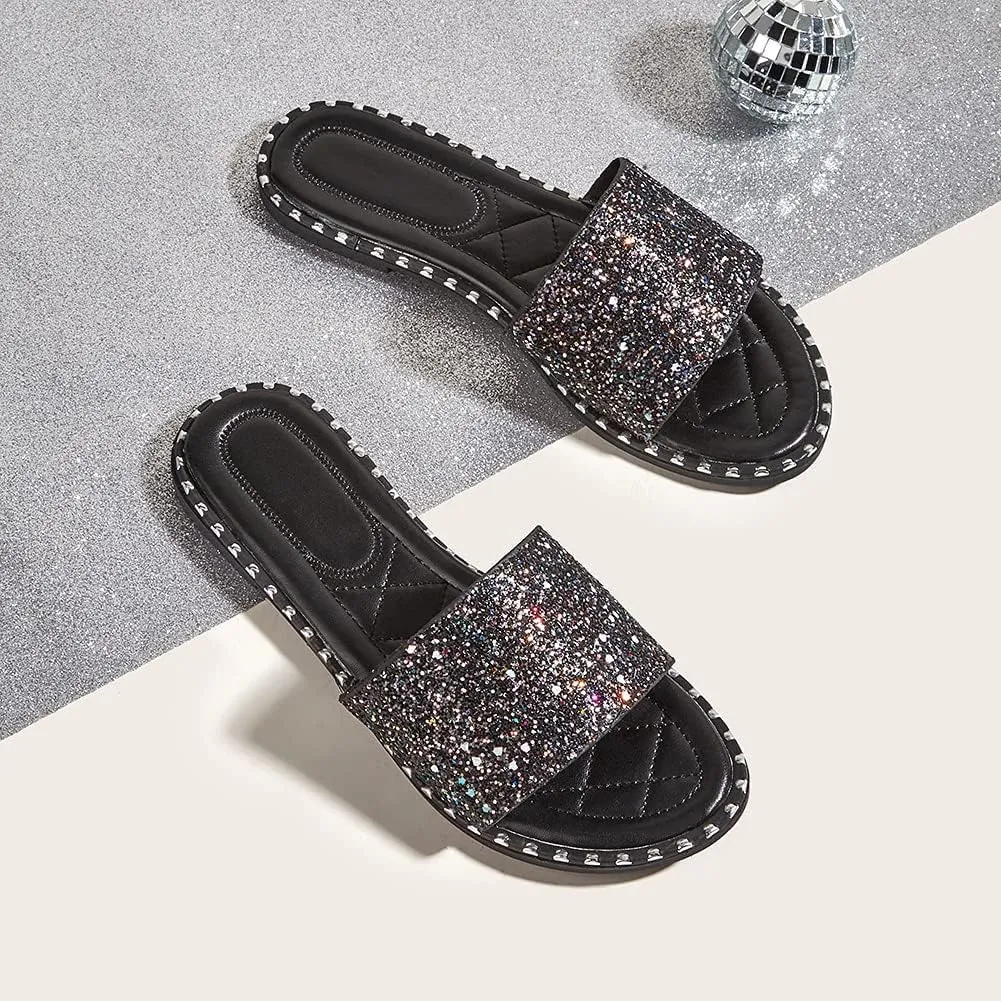 SACFOF Women Flat Sandals Summer Sequins Glitter Dressy Beach Slip on Sandals Casual Open Toe Outdoor Flat Slippers Sandals