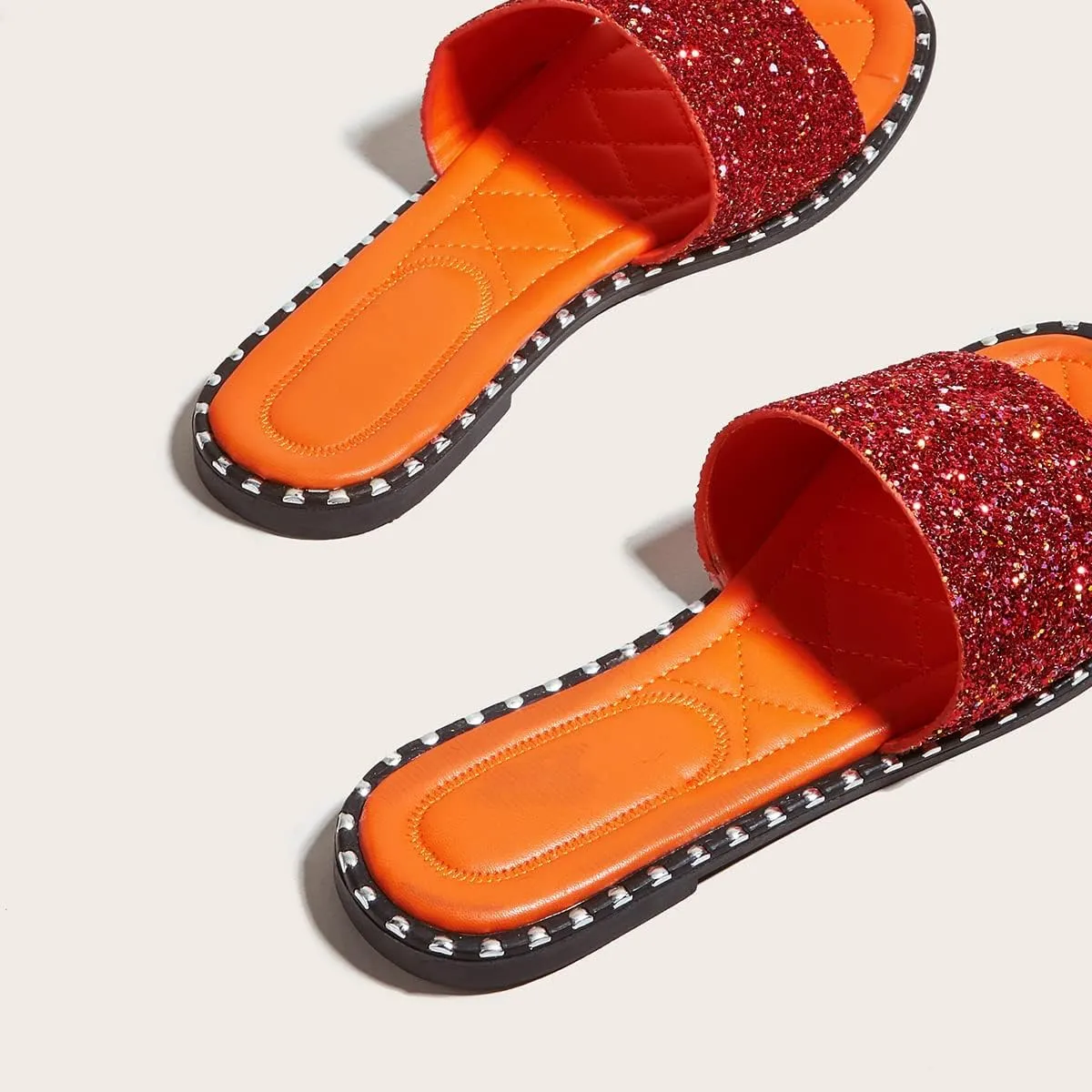 SACFOF Women Flat Sandals Summer Sequins Glitter Dressy Beach Slip on Sandals Casual Open Toe Outdoor Flat Slippers Sandals