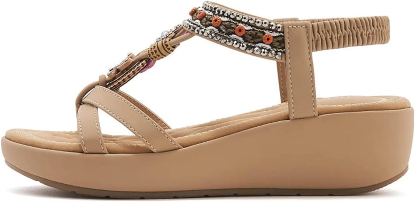 SACFOF Womens Sandals Arch Support Summer Beach Wedge Sandals Comfort Walking Elastic Strap Bohemian Sandals