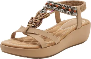 SACFOF Womens Sandals Arch Support Summer Beach Wedge Sandals Comfort Walking Elastic Strap Bohemian Sandals