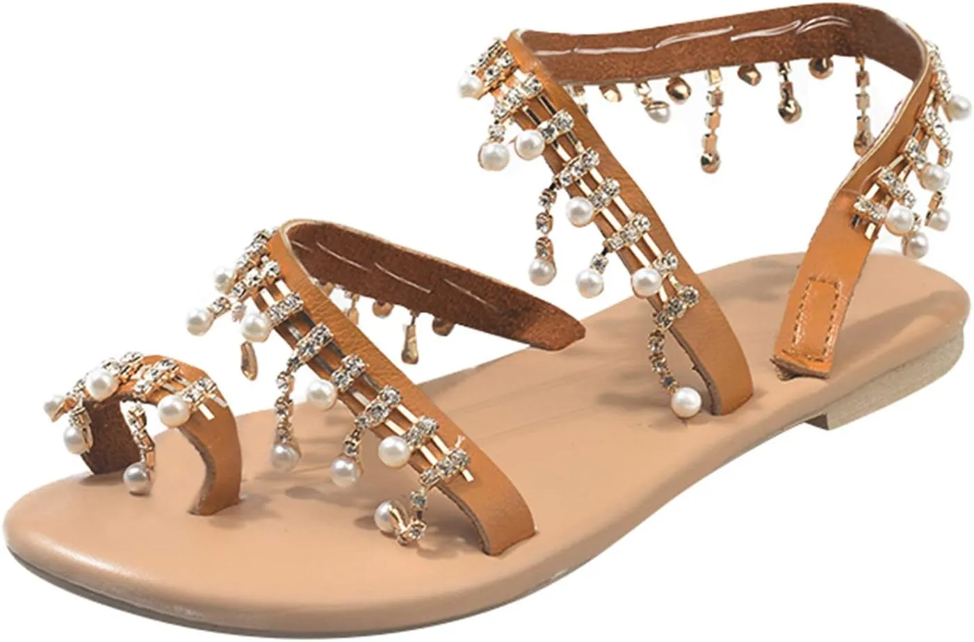 Sandals Women White Lace Floral Sandals Summer Boho Slip on Sandals Casual Beach Shoes Dress Ankle Elastic Flats Shoes