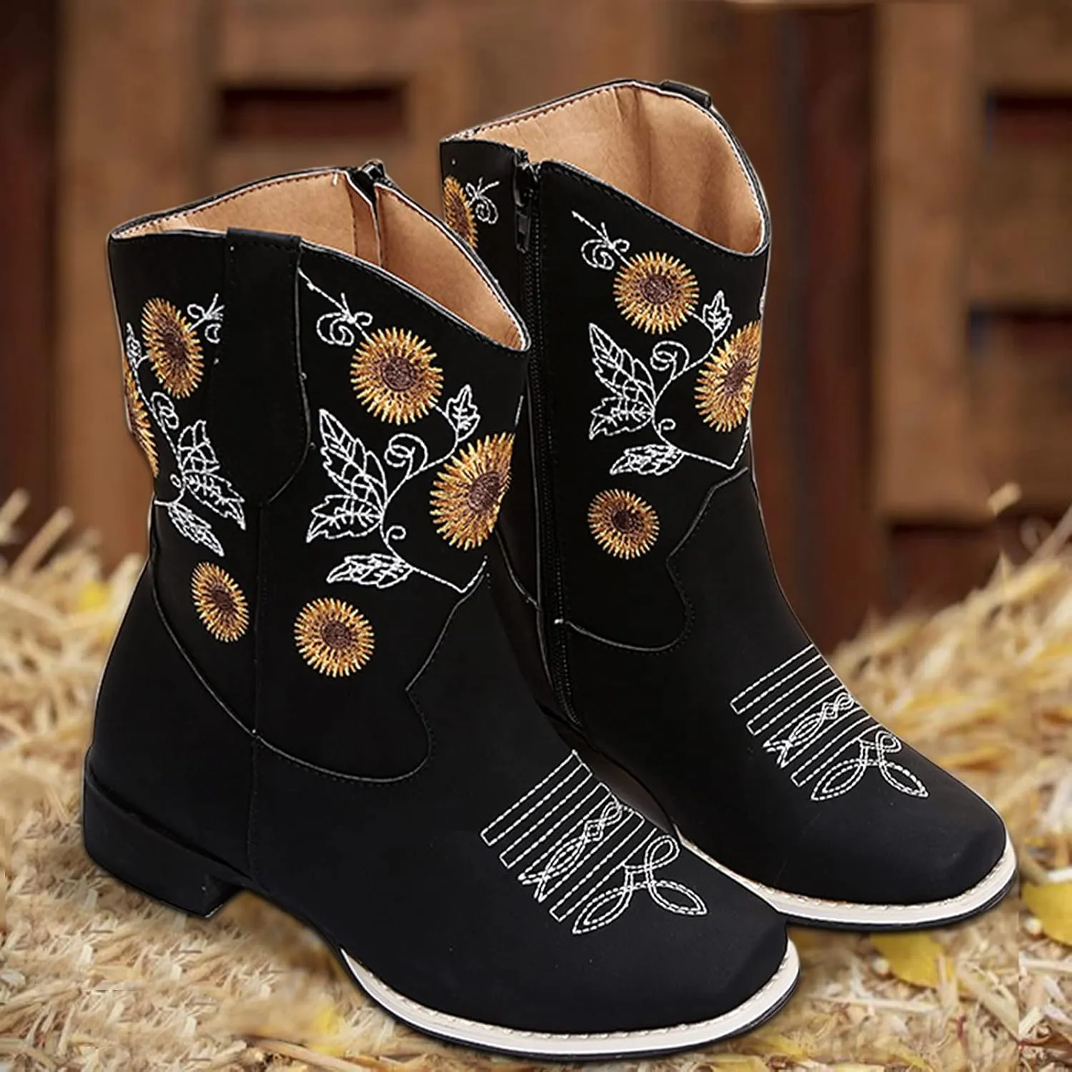 SBGMoSJ Mens Black Ankle Boots with Zipper Womens Low Wedge Heel Ankle Booties Fall Booties for Women 2023 No Heel Black Ankle Booties for Women Woman Boots
