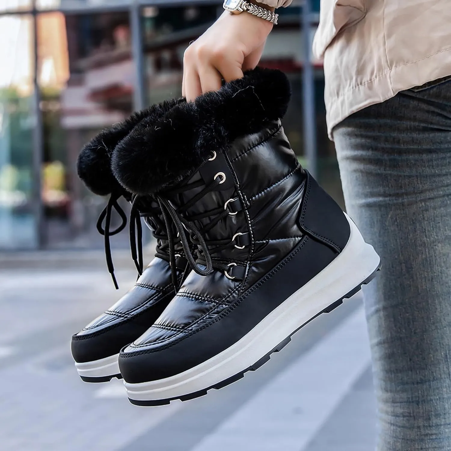 Snow Boots for Women Platform Boots Winter Thick Bottom Flat Heel Waterproof Lace Up Padded Warm Mid-Calf Snow Boots