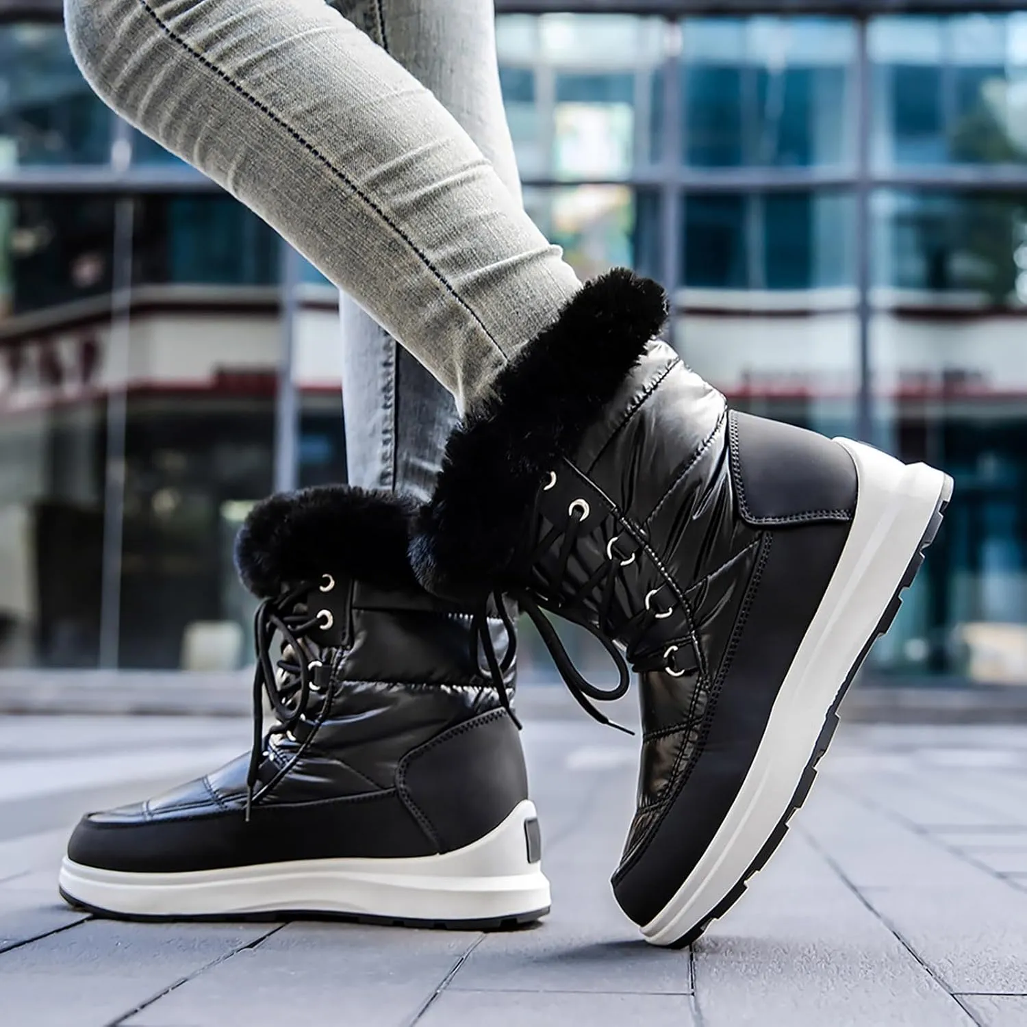 Snow Boots for Women Platform Boots Winter Thick Bottom Flat Heel Waterproof Lace Up Padded Warm Mid-Calf Snow Boots