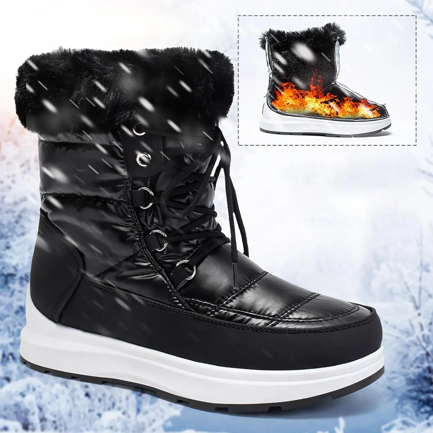 Snow Boots for Women Platform Boots Winter Thick Bottom Flat Heel Waterproof Lace Up Padded Warm Mid-Calf Snow Boots