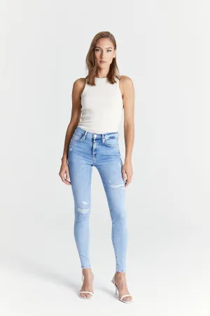 Sophia - High Waist Super Skinny - Light Blue Destroyed