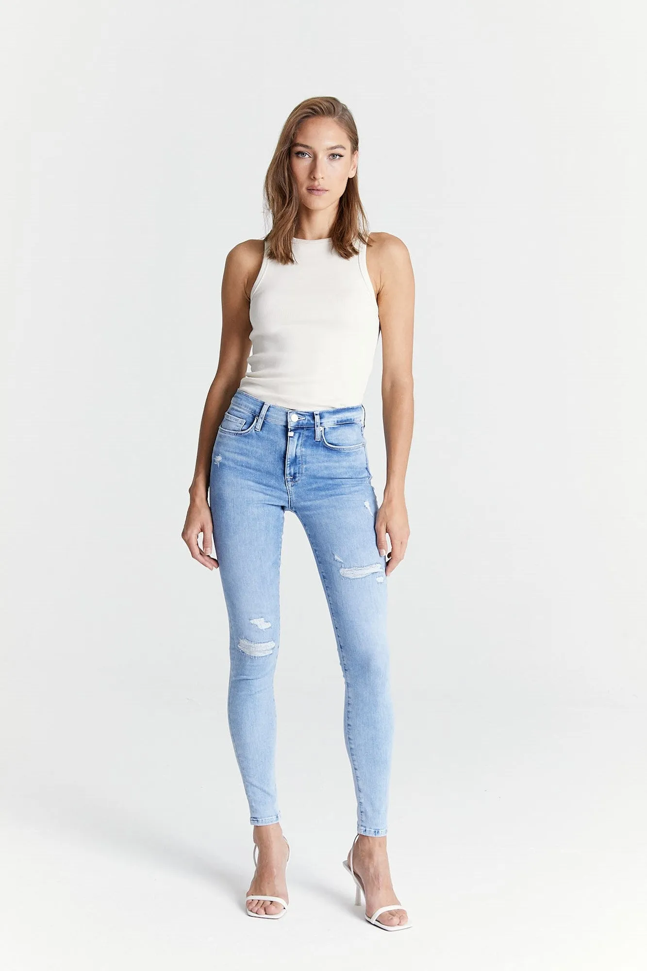 Sophia - High Waist Super Skinny - Light Blue Destroyed